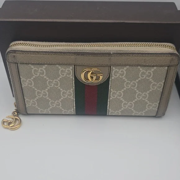 Gucci Ophidia GG Beige W/ Green & Red Sherry Zip Around Long Wallet (EUC)(COA)✨️ - Picture 2 of 15